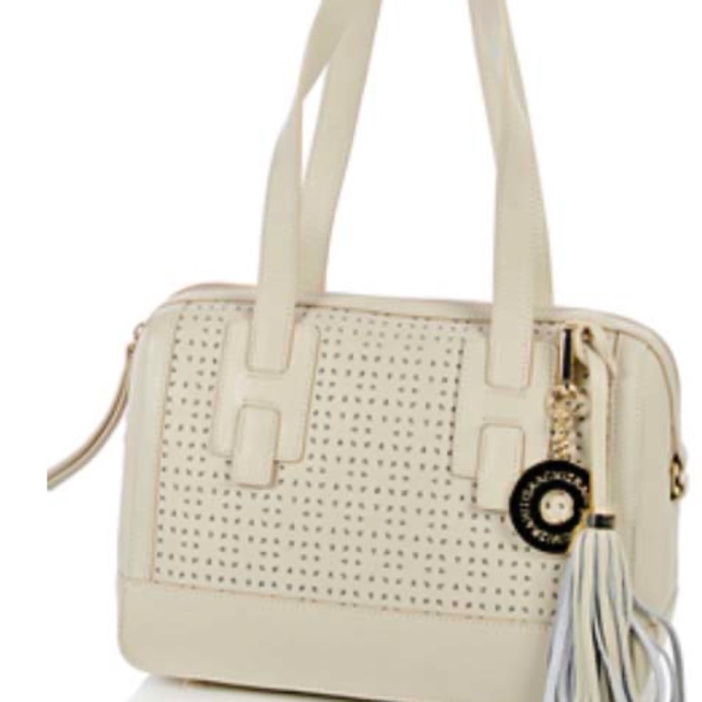 SATCHEL, ISAAC MIZRAHI LEATHER, BONE, TOP ZIP CLOSURE, TWIN LEATHER HANDLES,